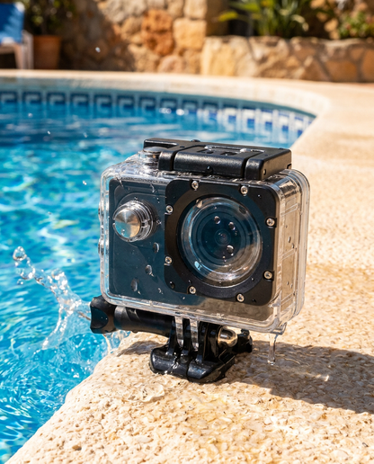 PureBreeze AdventureCam Kids waterproof en gros plan pres de la piscine