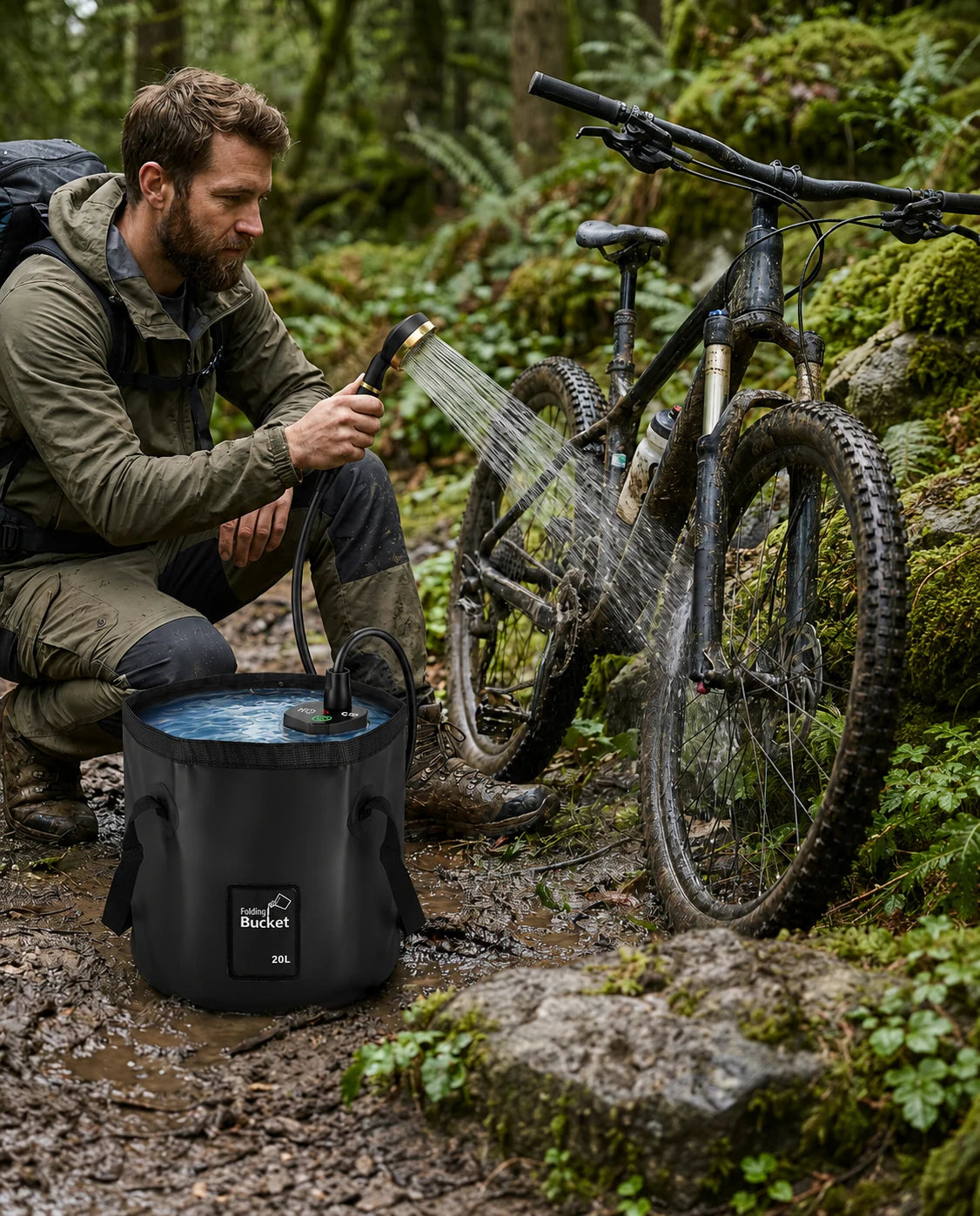 Vélo rincé avec la douche portable AquaNomad en forêt