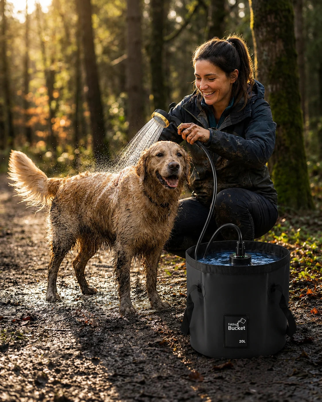 Chien rincé avec AquaNomad après une balade en forêt